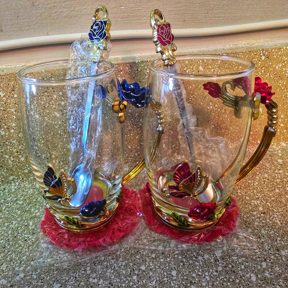 Tea Coffee Cup Set of 2 w/ Spoon | Butterfly Flower 3D Enamels High Glass Set